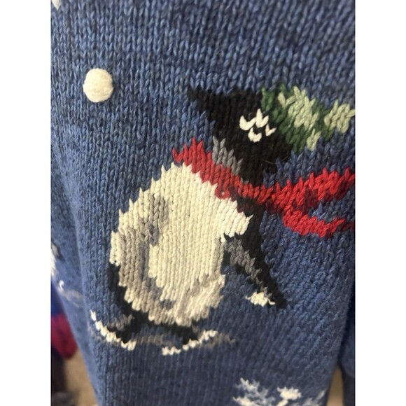 Vintage Talbots Womens Cardigan Large Blue Hand Knit Penguin Sweater Snow Winter - Picture 4 of 9
